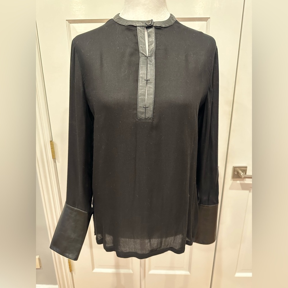 Helmut Lang black knit top with leather trim and cuffs Sz M